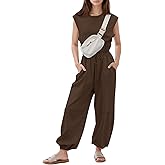 Flygo Womens Casual Jumpsuit Crewneck Cap Sleeve Long Wide Leg Pants One Piece Outfits Drawstring Romper with Pockets