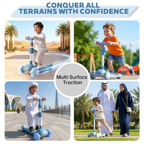 Kids Scooter for Age 3-12, Toddler Scooter, Light Up 3-Wheels Scooter, Shock Absorption Design, Lean to Steer, Balance Training Scooter for Kids