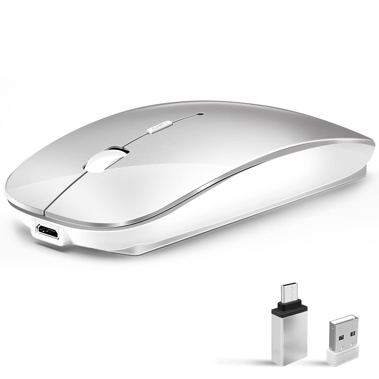 Photo 1 of Vxeei Wireless Mouse for Laptop, Bluetooth Mouse for MacBook Pro/Air/Mac/iPad/Chromebook/Computer -Rechargeale Dual Mode(USB 2.4Ghz + Bluetooth 5.2) Silent Cordless Mice with USB C Adapter,Silver