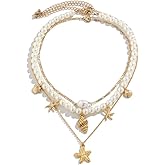 Azusa Sun Seashell Necklace Gold Plated Starfish Necklace Bohemian Beach Imitation Pearl Necklaces for Women Summer Layered Sequins Starfish Shell Beaded Choker Necklace Party Holiday Jewelry