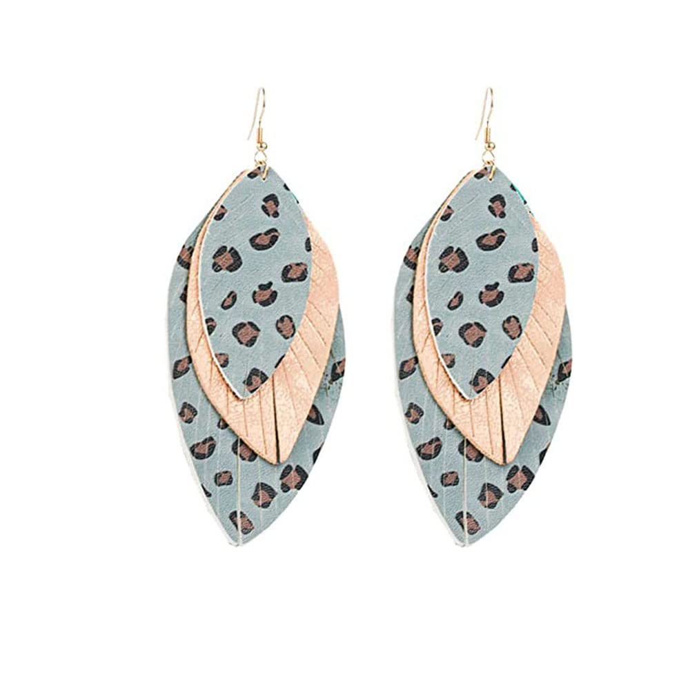 Boho Layered Leather Leaf Earrings for Women Girls Vintage Leopard Print Long Big Summer Statement Drop Dangle Hook Stud Lightweight Vintage Bohemian Beachy Jewelry (Grey)