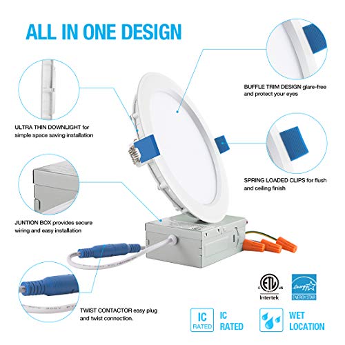 JJC 13W 6 Inch Ultra Thin Led Recessed Lights with Junction Box,3000K Warm White, CRI90+, IC Rated,1000 Lumens 65W Eqv. Dimmable Led Downlight ETL and Energy Star Certified- 6 Pack