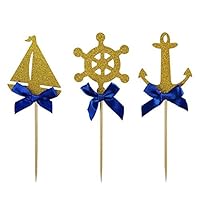 Shxstore Nautical Theme Cupcake Cake Toppers Picks Of Anchor Boat Rudder For Wedding Birthday Baby Shower Party Decor Supplies, 24 Counts