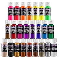 24 Color Washable Paint Set for Kids - Mix of Tempera Fluorescent & Metallic Colors - 2-Ounce Bottles of Bold Non-Toxic Kids Paints - Toddler Art Supplies Great for Finger Painting, Art Projects