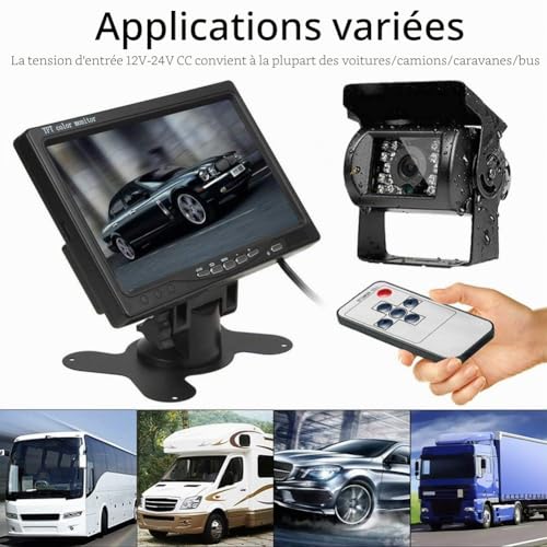12V-24V 18 IR LEDs Night Vision Waterproof Rear View Camera with 49ft 4 Pin Aviation Extension Cable + 7 Inch Colour TFT LCD HD Screen Vehicle Monitor for Car Bus RV Truck Trailer