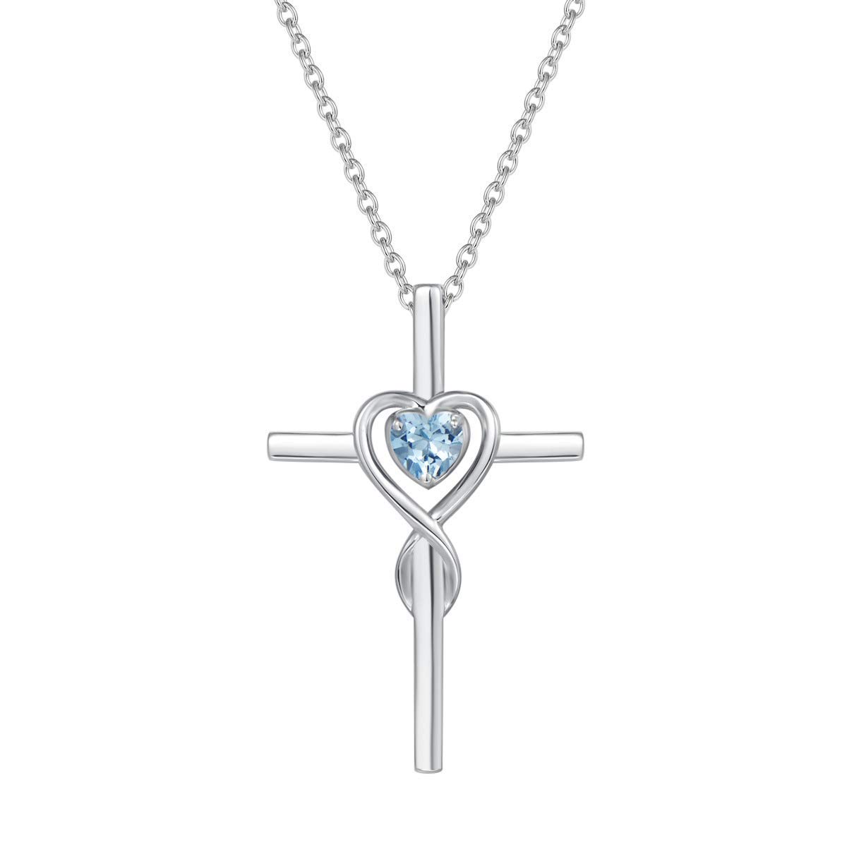 FANCIME 925 Sterling Silver Cross Infinity Heart Pendant Necklace with Natural Aquamarine Gemstone Fine Jewellery for Women Girls - Chain Length: 16 + 2 Inch