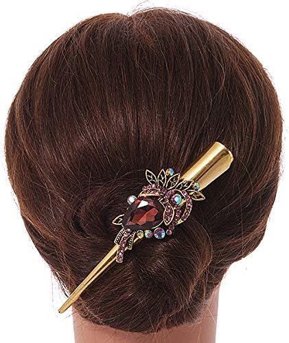 Long Vintage Inspired Gold Tone Plum Purple/Ab Crystal Floral Hair Beak Clip/Concord/Crocodile Clip - 13.5cm L - Image 3