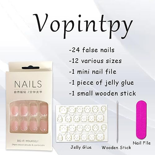 White French Tip Press on Nails Short Square Fake Nails Glossy Pink False Nails with Glue on Nails Reusable Full Cover Stick on Nails Acrylic Artificial Nails for Women DIY Nails Art Decoration - Image 5