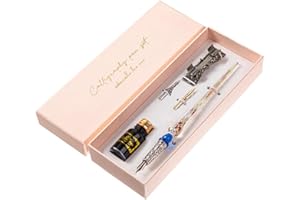 ZASCHMOY Glass Calligraphy Pen Set, Vintage Crystal Quill Writing Pen with Glitter Silver Sequins and Retro Vine Texture, 2 R