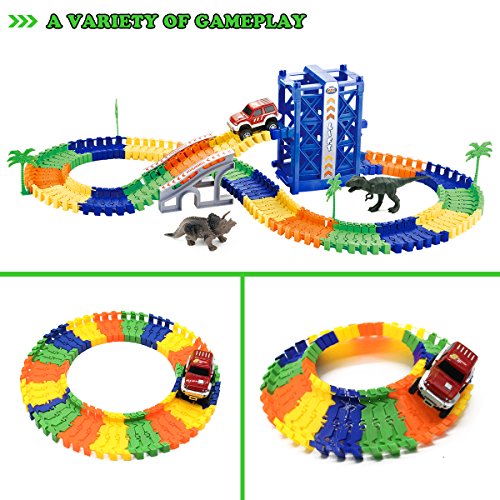 Belive Race Track Creat A Dinosaur World Race Car Falls Off Lift 120 Pieces Flexible Track With 4 Trees , 2 Dinosaur Toys