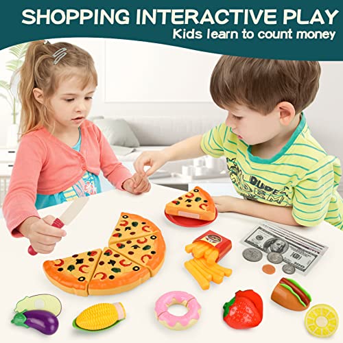 Kidsciety Pretend Play Food, 97pc Play Kitchen Accessories, Toy Food for Kids Kitchen, Fake Food for Toddlers, Cutting Food Toys Fruits Veggies, Pizza, Grocery Store Kitchen Toys, Learning & Education