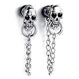 MENDINO Mens Women Stainless Steel Skull Chain Stud Earrings Drop Dangle Silver 2pcs