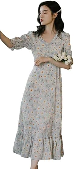 Amazon マキシワンピース ロングドレス レディース シフォン 春夏 半袖 水色 菊柄 花 森ガール 可愛い 女の子 少女 ゆったり ふわふわ 体型カバー 着痩せ お洒落 ビーチ 旅行 デート ワンピース チュニック 通販