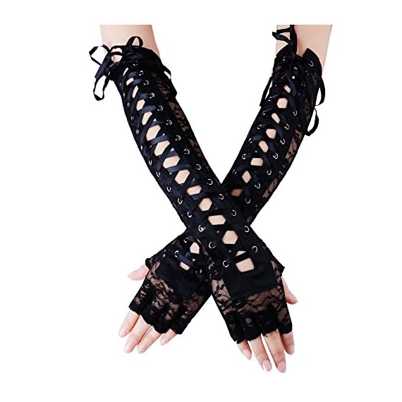 JISEN-Women-Nylon-Elbow-Lace-up-Fashion-Costume-Gloves-Black-14-Inch