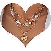 Dainty Heart Pendant Necklace for Women,Multilayer Chunky Puffy Heart Pearl Chain Necklace Set Statement Trendy Stackable Y2k Jewelry Accessories