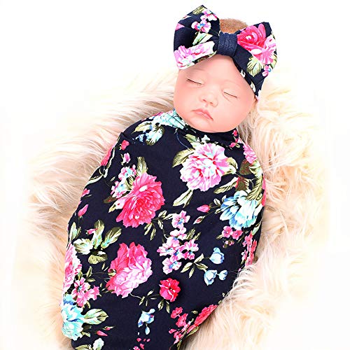 Little Jump 3 Sets Nerborn Receiving Blanket and Headband Set Flower Print Baby Swaddle Wrap Floral Baby Blankets for Girls and Boys.