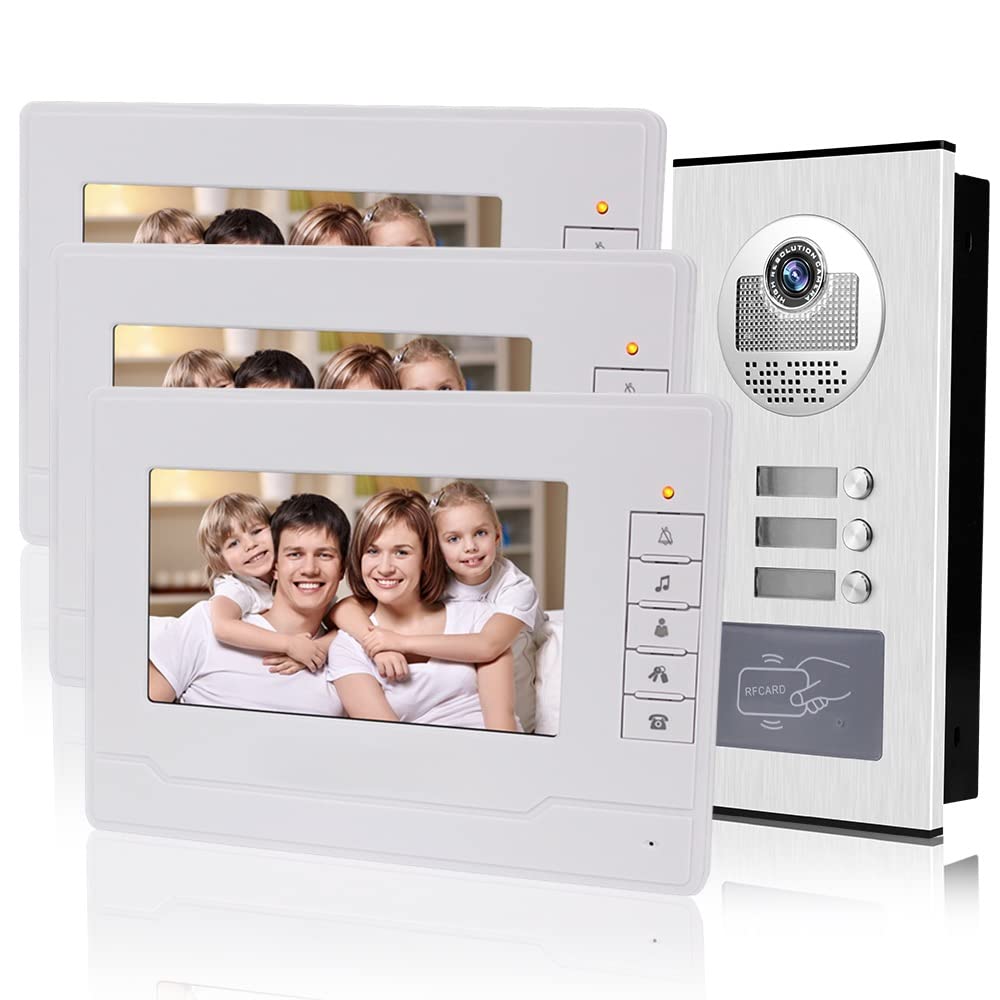 KDL Home 7" RFID Video Doorbell Intercom Door Phone System 3 Monitors with 1 IR Camera Night Vision 800x480 High Resolution for Multi Apartments/Families