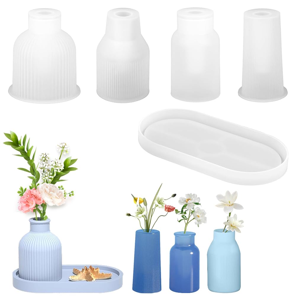Jiahuade Pack of 5 Vase Silicone Moulds, 4 Vases + 1 Pallet, DIY Vases Resin Moulds, Epoxy Resin Moulds, Vase, Flower Vase Silicone Moulds, Handmade Silicone Mould, Vase Silicone Mould, Epoxy Resin