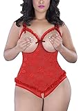 Rainlover Women Sexy Plus Size Lingerie Open Cup Crotchless Bodysuit Teddy (Red, XXXXXL)