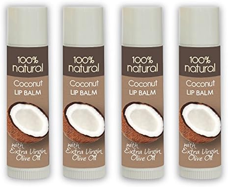 Lip Balm Moisturizer 100% Natural - Essential Oils + Natural E Vitamin - Natural Sun Block Butter Oil Mix - Organic CocoNut Oil for Flavor- 4 Pack - Non Sticky Improved Formula