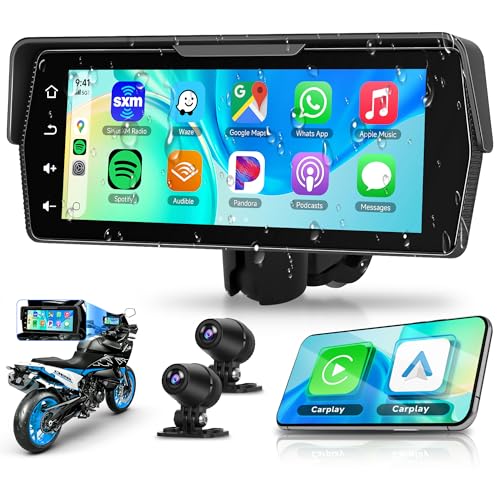 Rimoody Wireless Carplay Motorcycle Display with Dashcam 2 Front and Back Camera, 6.86 Inches Touchscreen Portable Carplay Android Car Screen for Motorbike with Mirror Link/Bluetooth/IP68 Etanche