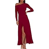 HOCILLE Women's Sexy Bodycon One Shoulder Maxi Dresses for Women Sheer Mesh Long Sleeve Slit Cocktail Party Dress