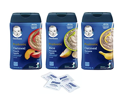 Gerber Baby Cereal Probiotic Oatmeal & Banana, Rice Banana Apple and Oatmeal Peach Apple Baby Cereal Canisters, 8oz. with bonus of 4 Purell Hand Sanitizing Wipes