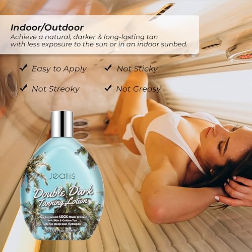 Double Dark Tanning Lotion Accelerator for Outdoor Sun Tan & Indoor Tanning Beds with Bronzer to Get Dark Fast Tan, Bronzing Tanning Lotion w/Tattoo Protecting Formula, DHA Free, tanning lait,lotion de bronzage,creme for tanning bed, sans DHA,13.5oz