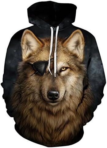 JJCat Men's Casual Long Sleeve 3D Digital Print Single Eye Wolf Design Lover's Fashion Sports Pullover Hoodies