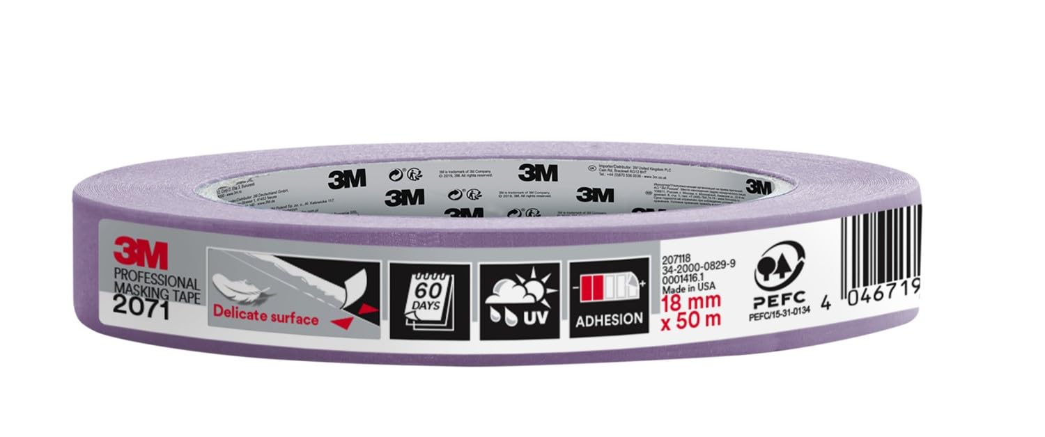 3M Professional Masking Tape 2071, Sensitive Surfaces, Painter's Tape - 1 Roll, 18 mm x 50 m, UV Stable, Water Resistant, For Indoor & Outdoor Painting and Decorating โ image 1