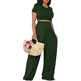 Women's Casual Summer 2 Piece Outfits Short Sleeve Crop Top Wide Leg Pants Set Jumpsuits