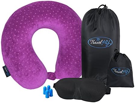 TravelHY Memory Foam Travel Pillow with Adjustable Snaps for Comfort, Piggyback to Luggage Carry Bag, with Super Light Sleep Mask and Pouch - 2 Sets of Ear plugs, Washable Velour Case (Purple)