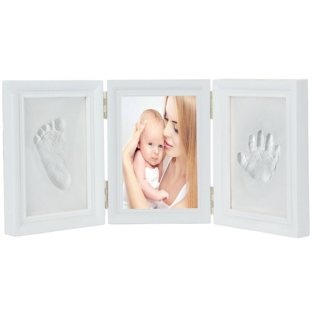 JZK White Baby Handprint Footprint Picture Frame kit for Boys Girls new born baby Gift EN71 Toy Test Passed NonToxic Child Safe Premium Clay Wood Frames