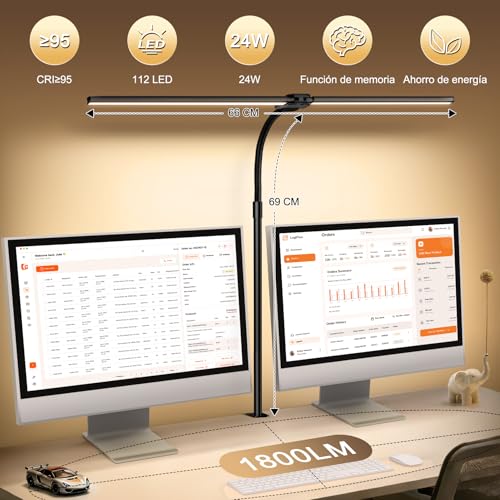 Lampara de Escritorio LED con Control Remoto, 1800LM Luz Escritorio Doble Cabezal Ultra Ancha, 5 Temperaturas Color y 5 Brillos, Lámpara Mesa con Pinza para Monitor, Oficina, Estudio, Lectura y Gaming