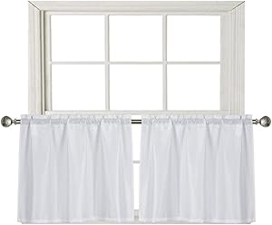 Home Queen Waffle Tier Curtains for Kitchen Window, Waterproof Rod Pocket Bathroom Window Curtain for Small Window, 2 Panels, 36 W X 24 L Inch Each, Solid White