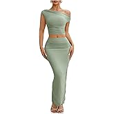 WDIRARA Women's 2 Piece Skirt Outfit Ruched One Shoulder Top Bodycon Skirts Set