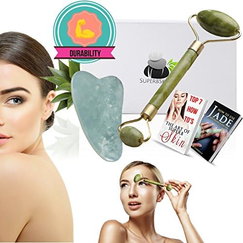 Jade Facial Roller And Gua Sha Scraping Massage Tool, Guasha Tools, 100% Real, Face Massager, Neck Royal Slimming For Skin, Puffy Eye, Chi Anti-Aging Therapy, Massaging Beauty Stones