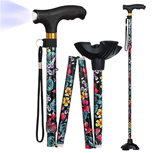 JUNRA Walking Cane with LED Light, Folding Cane for Women and Men, Portable Foldable Cane, Collapsible Aluminium Cane, Lightweight and Adjustable Walking Sticks for Seniors Balance