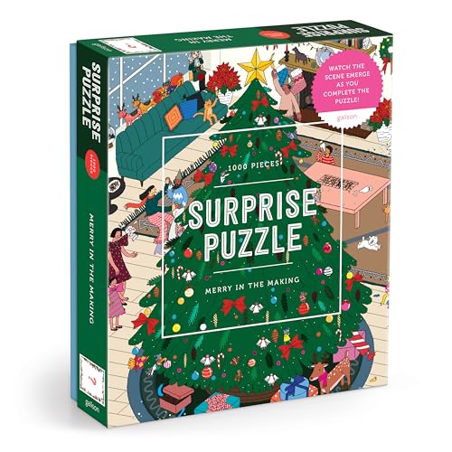 Galison Merry in The Making – 1000 Piece Surprise Jigsaw Puzzle Featuring A Holiday Party Surprise Illustration