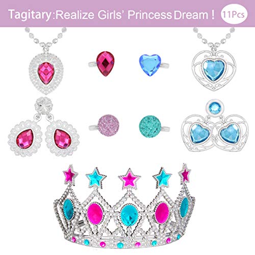 Tagitary 11 Pack Princess Pretend Jewelry Toy,Girl's Jewelry Dress Up Play Set Included Crowns, Necklaces,Rings and Earrings 11 Piece Set