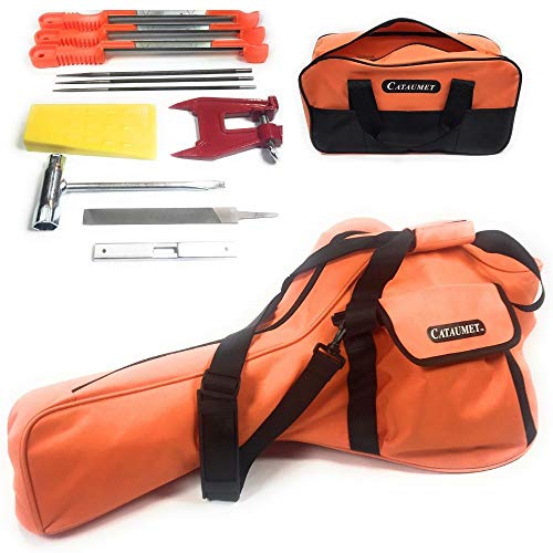 Cataumet Chainsaw Sharpener Kit and Chainsaw Carrying Case Bag Includes 3 Round Files Sizes 5/32" 3/16" 7/32" 3 Guide Handles Stump Vise Felling Wedge Flat File Depth Gauge Multi Wrench Tool Bag