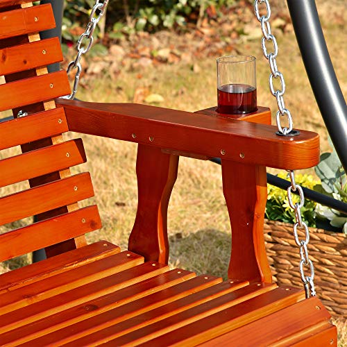Outsunny 46" 2 Person Wooden Hanging Porch Swing Bench, Slatted Front Porch Swing Outdoor Chair