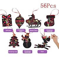 Ocosy 56Pcs Rainbow Color Scratch Christmas Ornaments Craft Kit Toys Scratch Cards Including Snowman, Christmas Tree, and Reindeer,Santa Claus in Sleigh and More