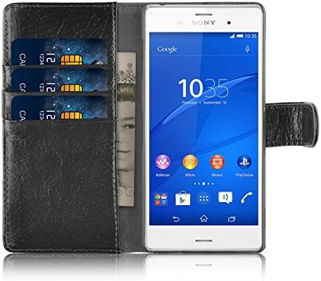 JAMMYLIZARD Xperia Z3 Case - Genuine Leather Wallet Cover for Sony Xperia Z3, Shabby Style Black