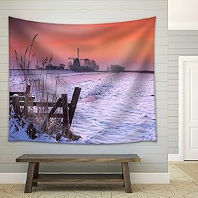 Typical Dutch Polder Landscape with a Traditional Windmill. Photographed in Winter at Sunrise - Fabric Wall Tapestry Home Decor - 51x60 inches