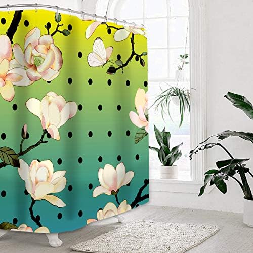Wasserrhythm Magnolia Shower Curtain Yellow and Green Gradiant 72x72 Inch Waterproof 100% Polyester Decorative Digital Printing Bathroom Curtains Mold-proof Anti-Bacterial with 12pcs Iron Hooks
