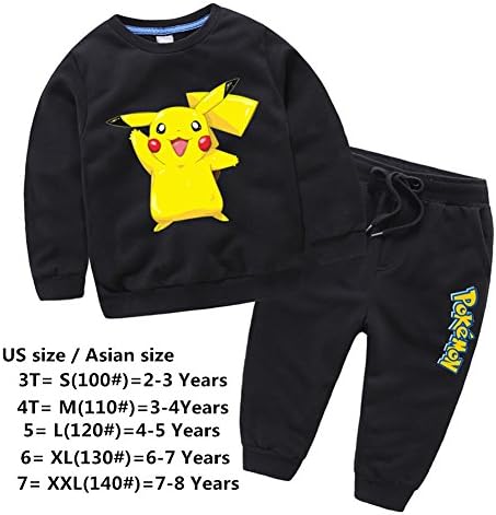 Criol Kids Boys Pokemon Pikachu Printing T-shirts Pullover Hoody Pant Set (XXL(140#), Black)