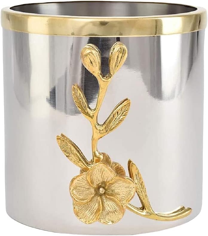 Serene Spaces Living Orchid Stem Short Vase with Gold Rim, Silver Decorative Accents, Metal Centerpieces for Tables, Perfect for Flower Vase Decor, Measures 5