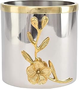 Serene Spaces Living Orchid Stem Short Vase with Gold Rim, Silver Decorative Accents, Metal Centerpieces for Tables, Perfect for Flower Vase Decor, Measures 5