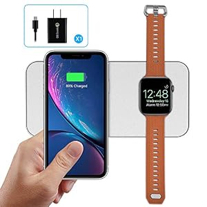 Image of Wuloo 10W Fast Qi Wireless Charger Compatible for iphone 8 8 Plus XS Max XS XR X Galaxy S9 Note 9, Dual Wireless Charger Compatible for iWatch Series 3 2 1 and all Qi Eabled Phones - Silver
